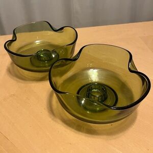 Vintage Anchor Hocking Avocado Candlestick Bowls Set of Two